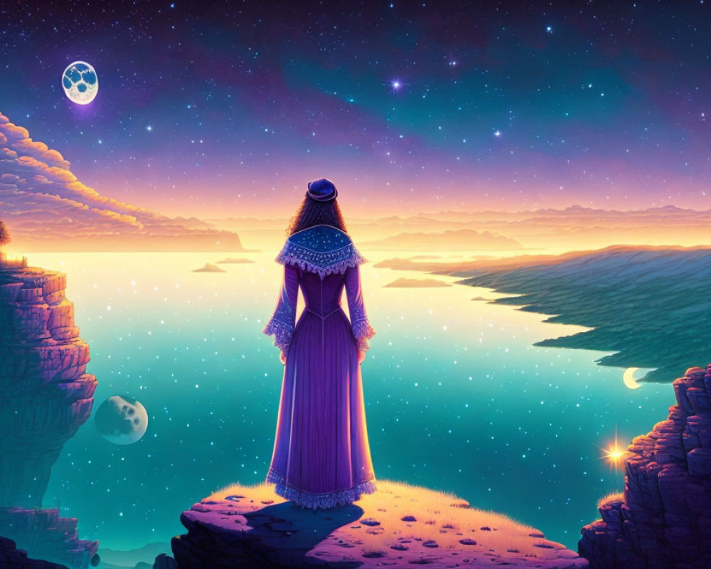 Person in purple cloak on cliff overlooking serene water under starry sky