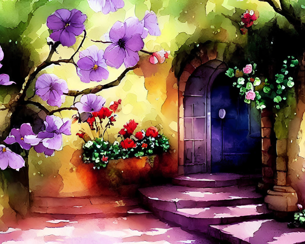 Colorful Watercolor Painting of Archway with Blue Door and Flowers