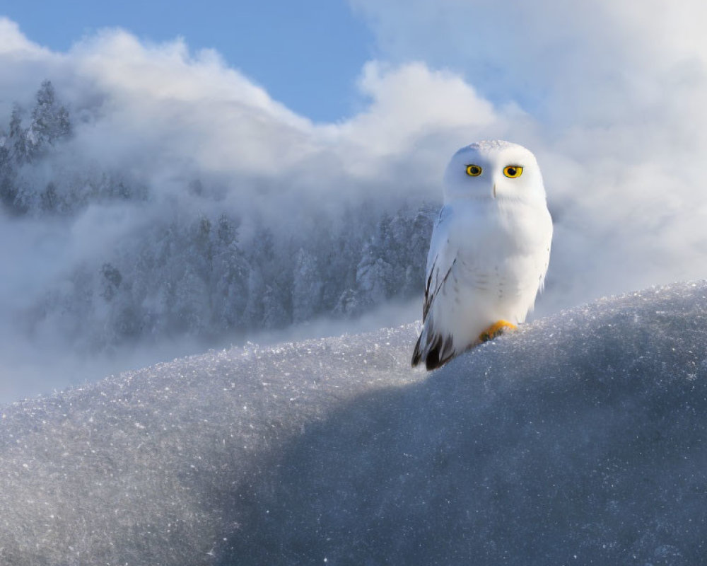 Snowy Owl Perched on Snowy Mound in Misty Winter Forest