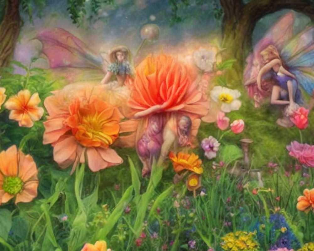 Colorful garden scene with oversized flowers and fairies by a tree