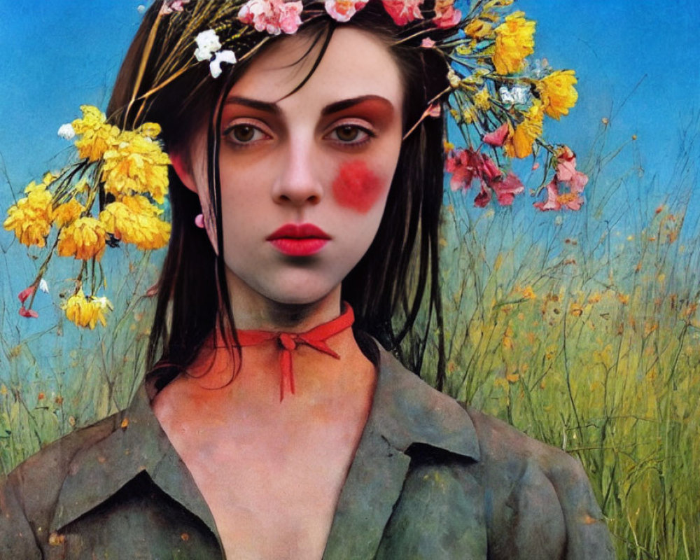 Woman with Dark Hair in Flower Crown and Red Choker Against Blue Sky and Tall Grass