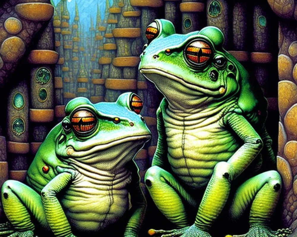 Stylized anthropomorphic frogs with surreal skyscrapers backdrop