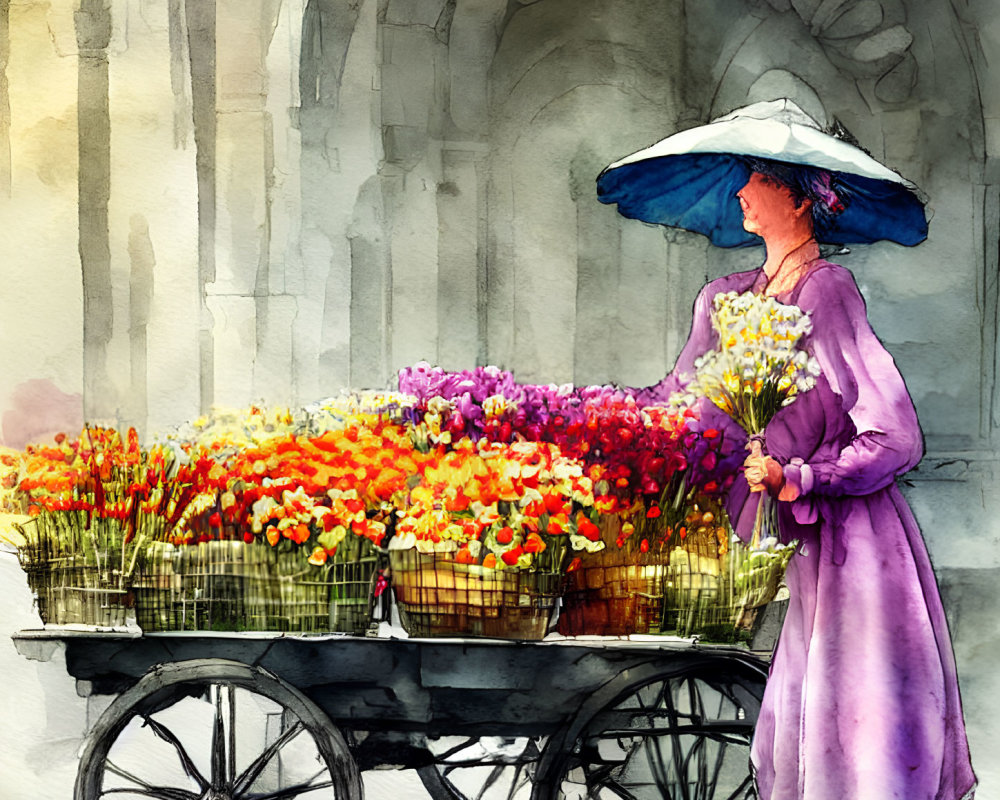 Vibrant watercolor painting of woman in purple dress with flowers and cart