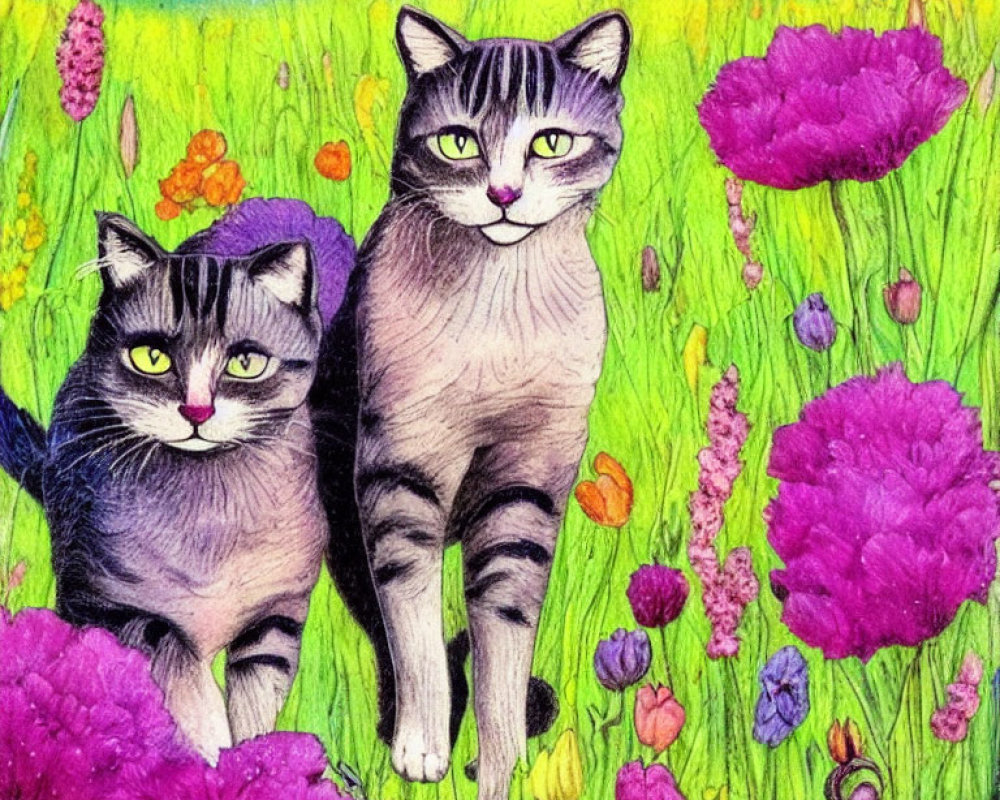 Illustrated Cats with Green Eyes in Colorful Flower Field