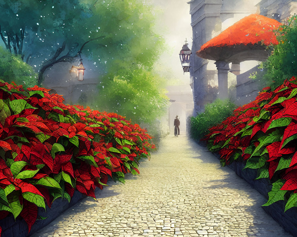 Tranquil garden pathway with red poinsettias and glowing street lamps