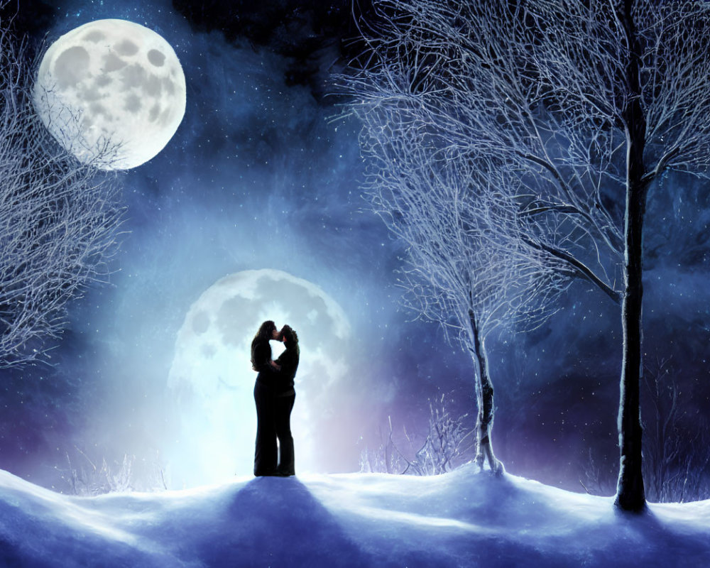 Person capturing full moon in snowy night landscape.