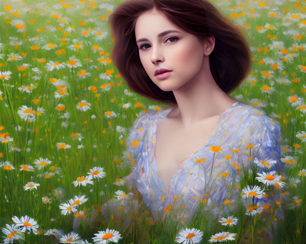 Young woman with brown hair in field of daisies wearing blue top