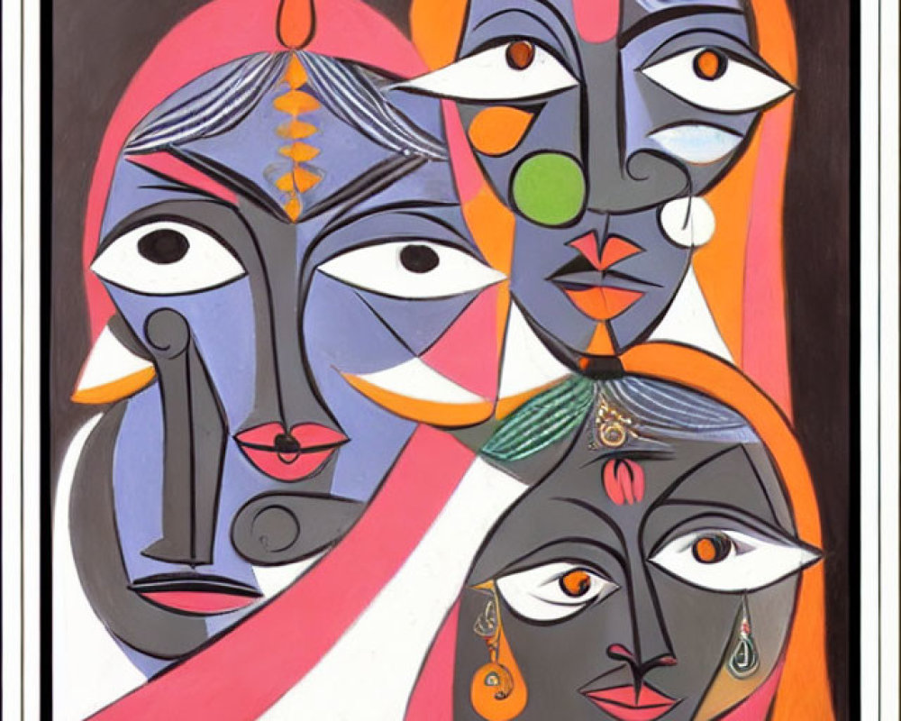 Vibrant abstract art: stylized faces with bold eyes in orange, black, gray, and