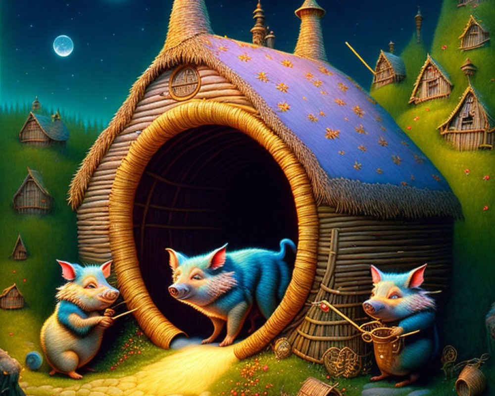Whimsical fantasy illustration of three pigs outside a straw hut