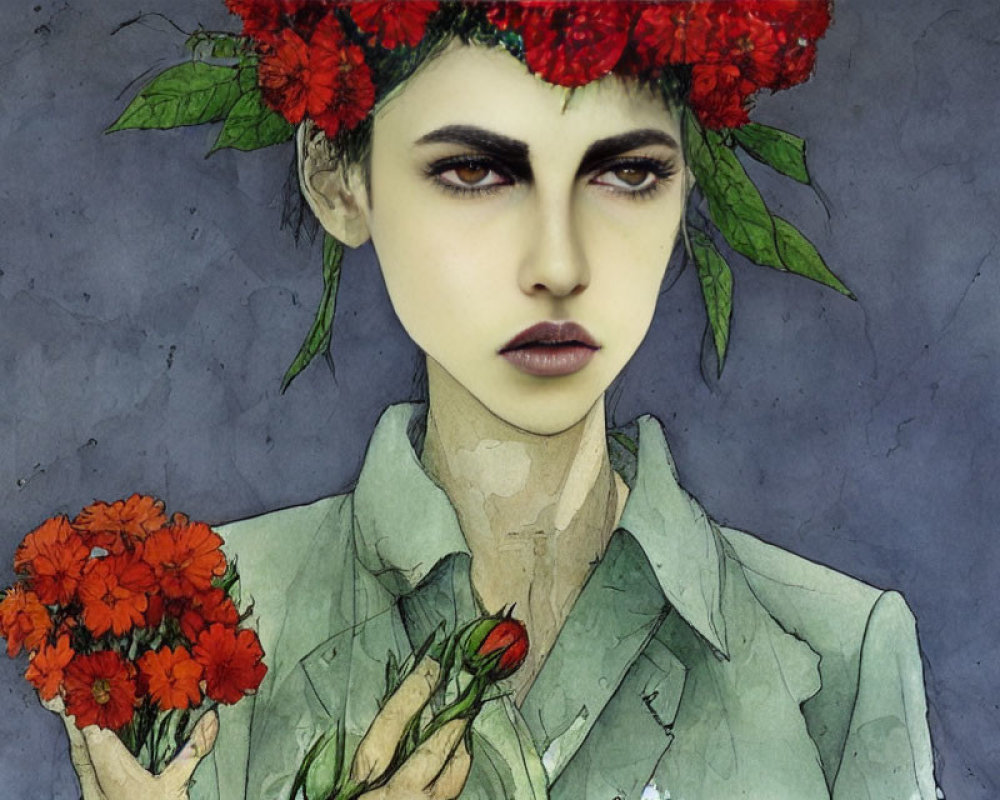 Portrait of stern-faced woman with dark hair and red flower crown holding red flowers