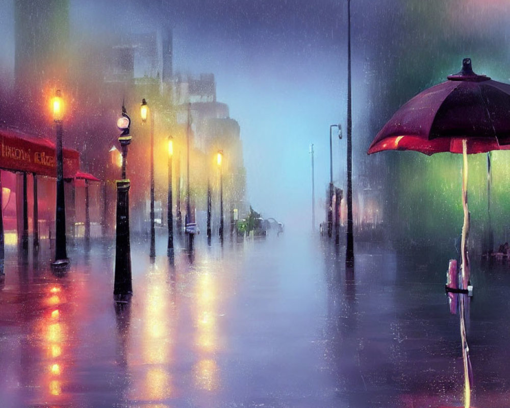 City street in rain with wet pavement, street lamps, mist, and red umbrella.