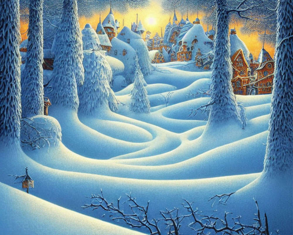 Snow-covered winter village scene with frosty forest path and warm sun glow