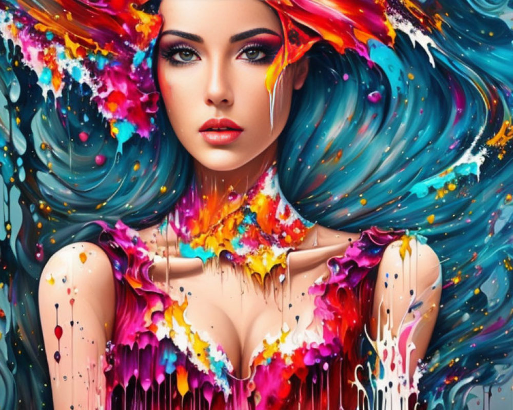 Colorful digital artwork: Woman with flowing hair and paint splashes.