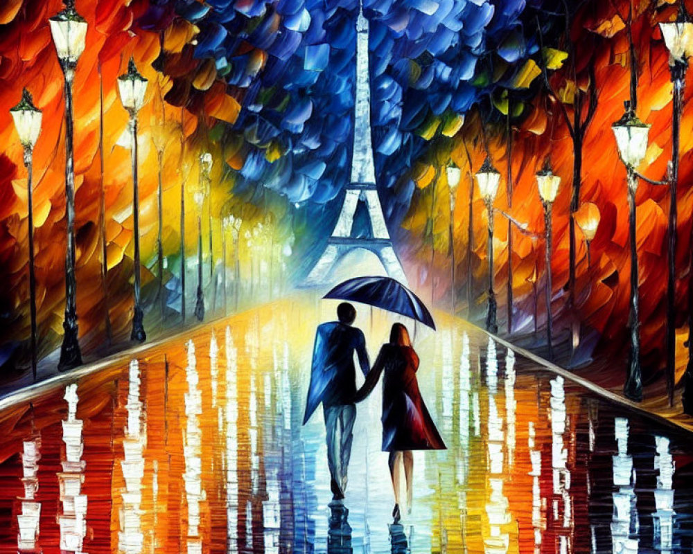Colorful painting of couple under umbrella near Eiffel Tower