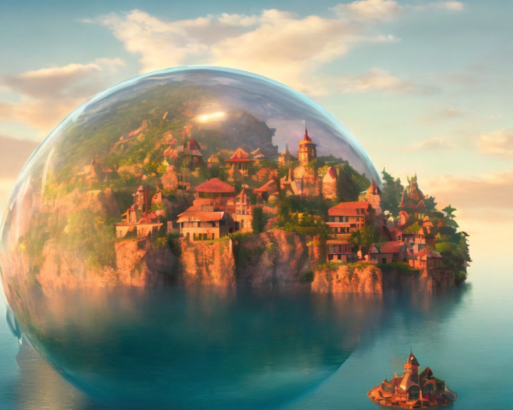 Transparent sphere floating above sea with island town at sunrise