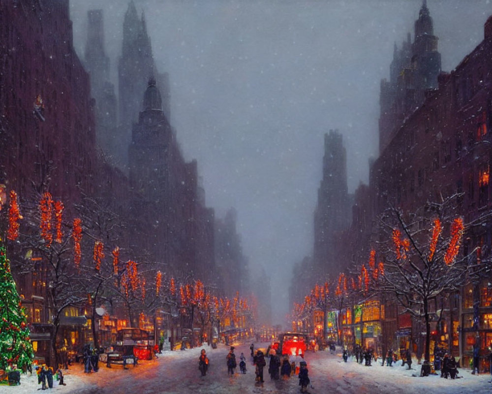 City street at dusk with festive lights and snowfall