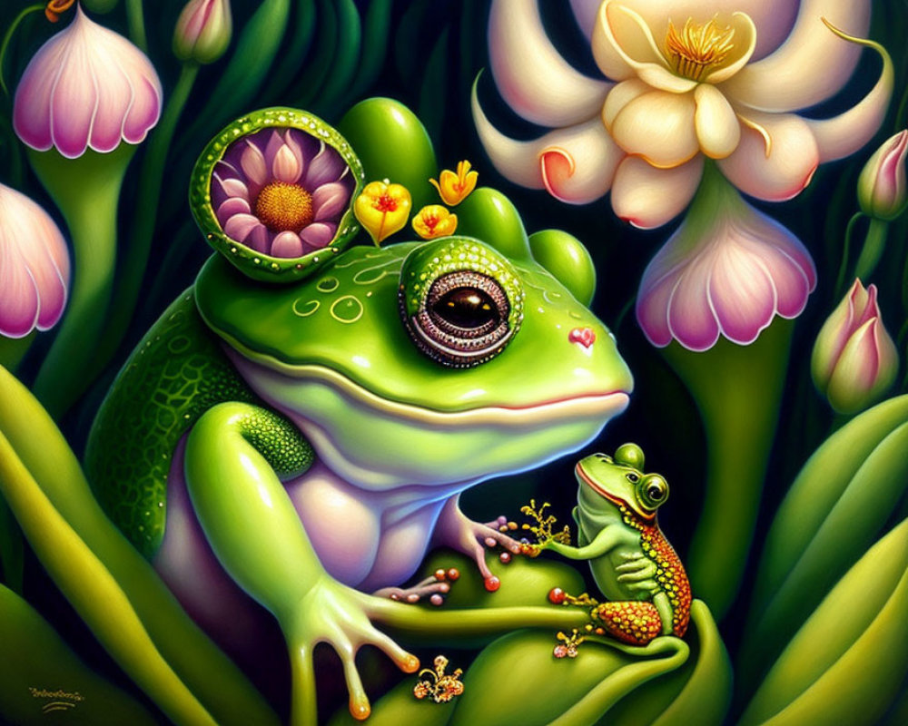 Colorful Frog Illustration Among Lily Pads and Flowers