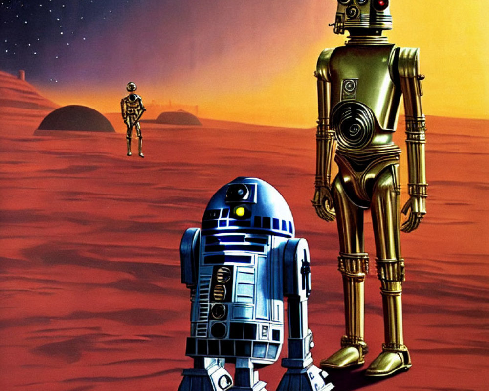 Short blue and tall gold droids on rocky alien planet