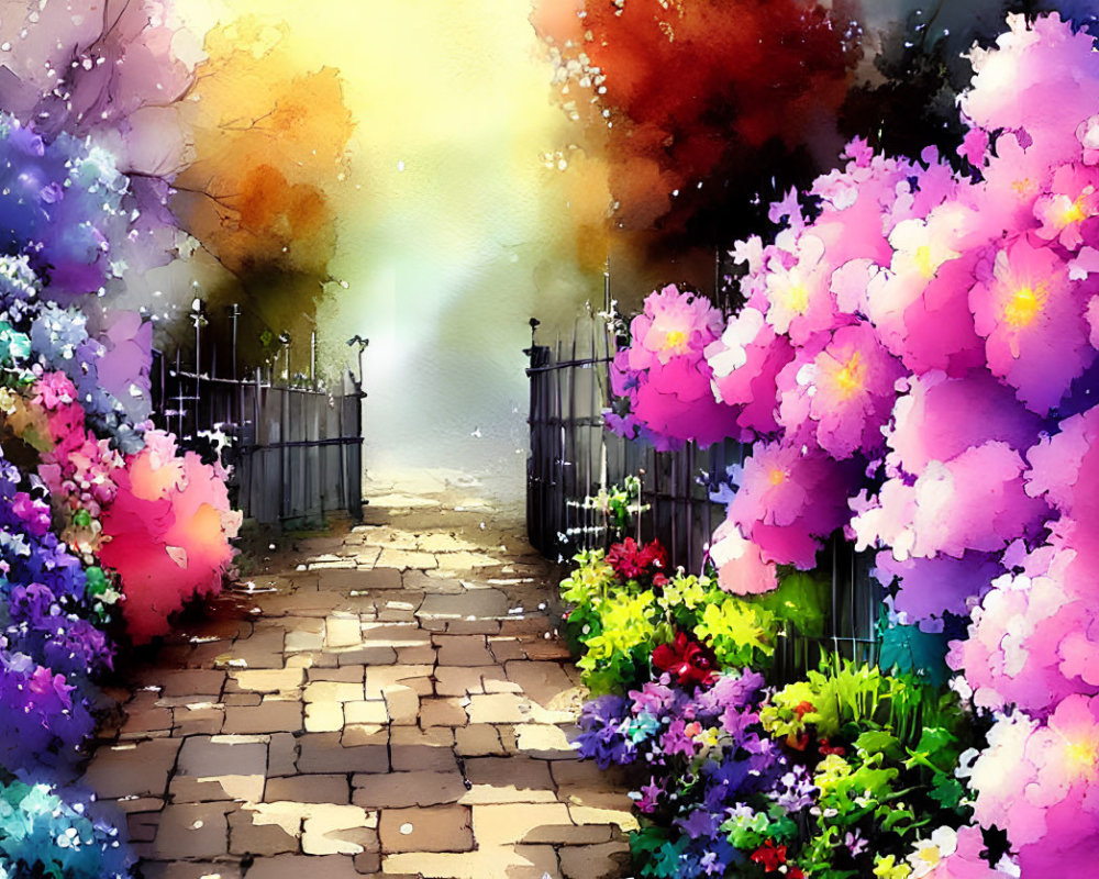 Colorful Garden Path with Open Gate and Sunlight Amid Lush Flowers