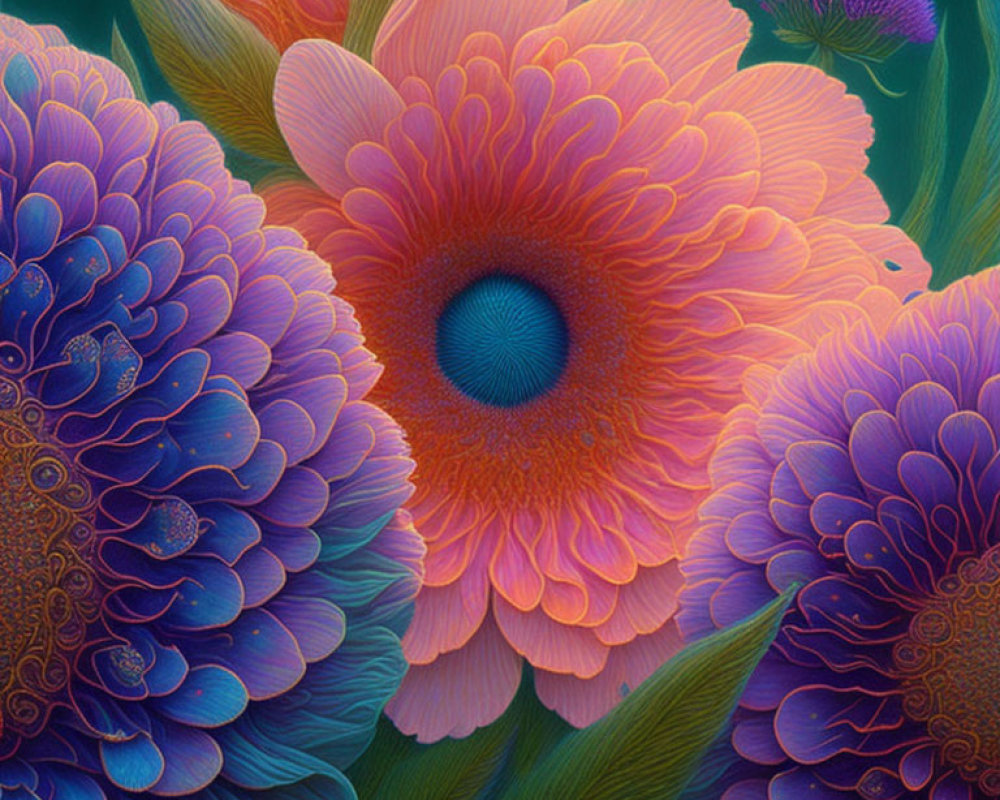 Colorful digital artwork: Stylized flowers in blue, purple, and pink