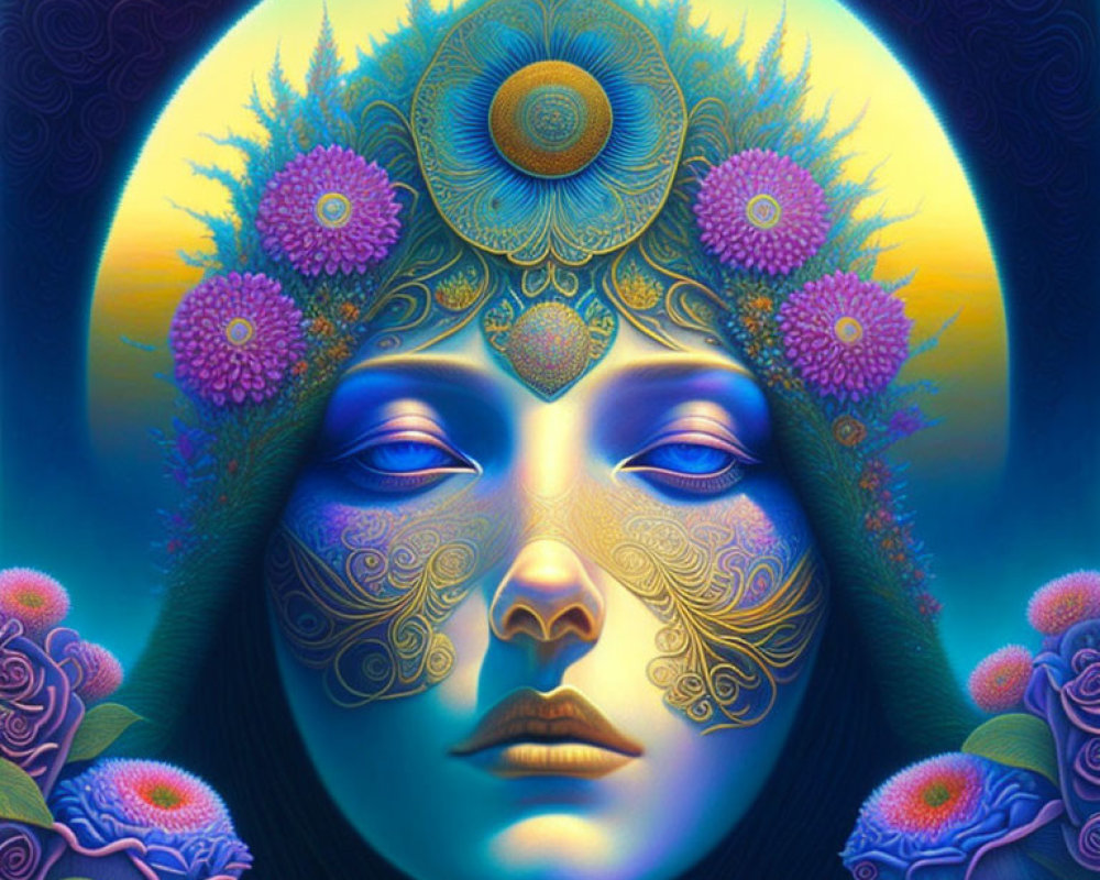 Colorful digital art portrait with intricate patterns and floral surroundings against a celestial backdrop.