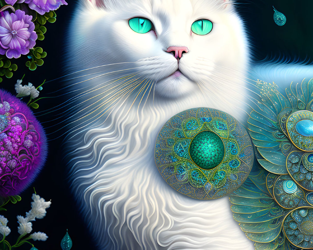 White Cat with Turquoise Eyes and Peacock Feather Patterns in Vibrant Floral Setting