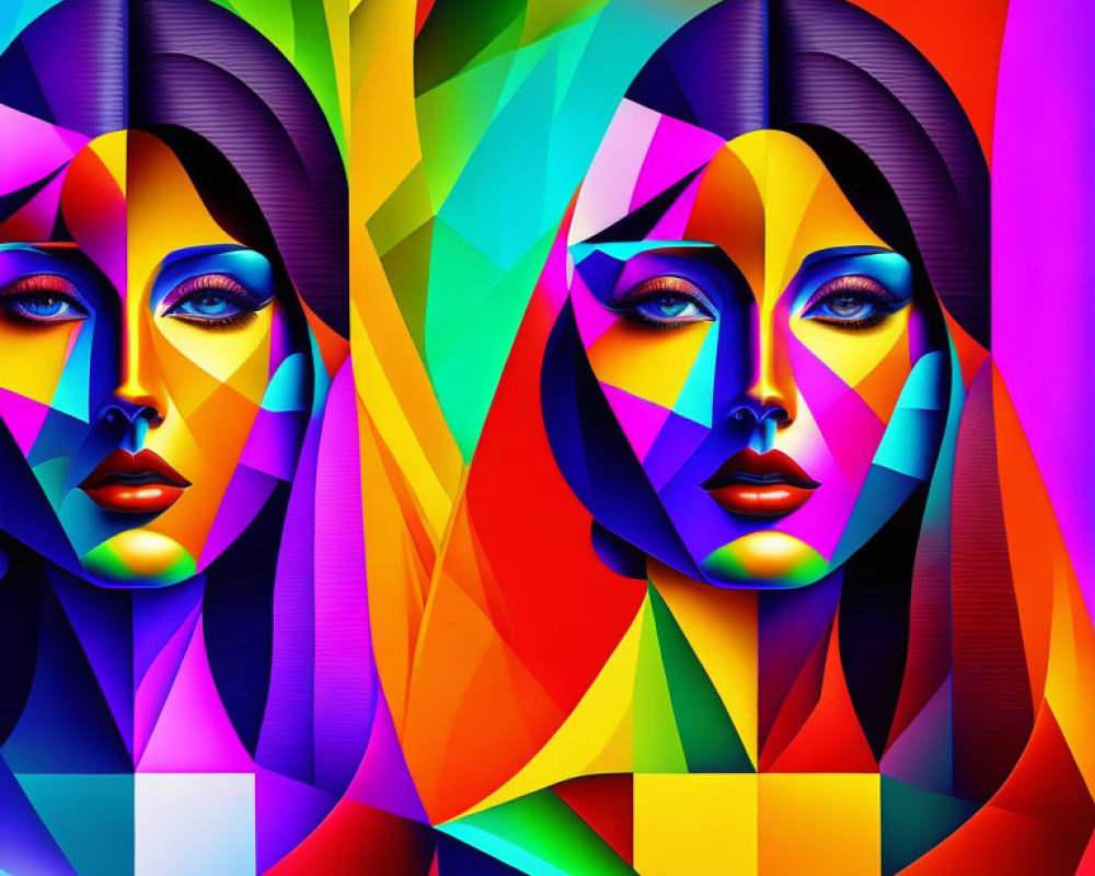 Multicolored geometric patterns on two female faces in digital art.