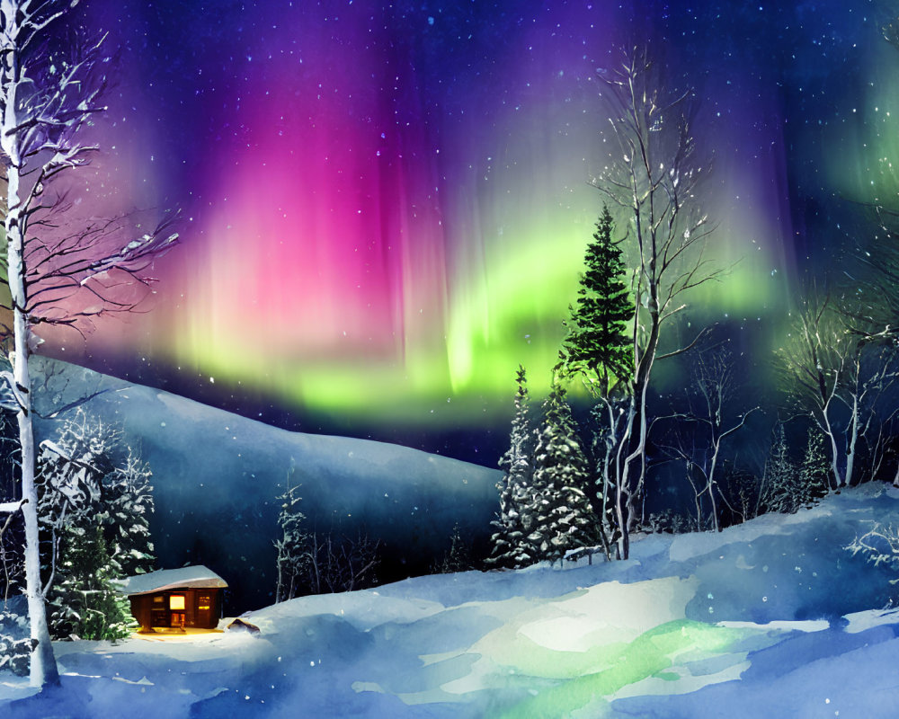 Snowy Winter Landscape: Cozy Cabin & Northern Lights Display