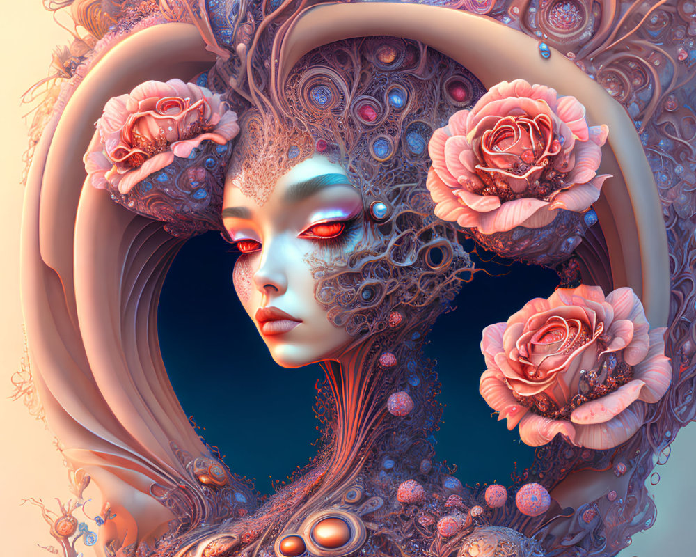 Surreal digital artwork: humanoid figure with floral headdress, intricate lace patterns