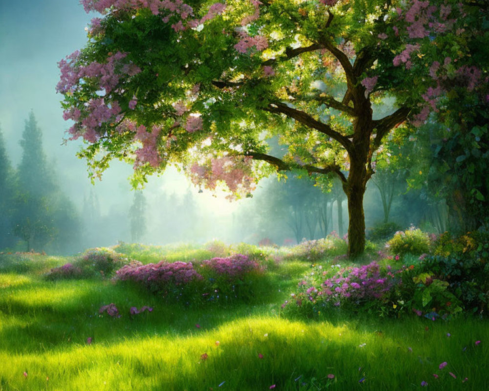 Colorful landscape with blooming pink tree and misty morning background