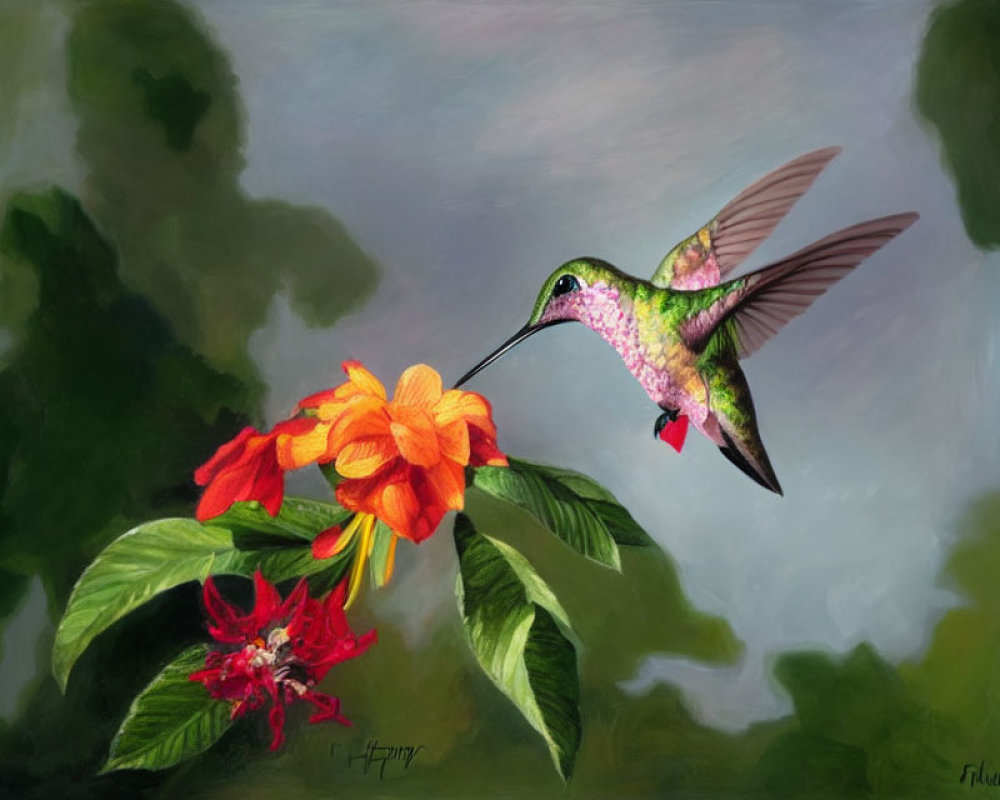 Iridescent hummingbird near orange flowers in green foliage