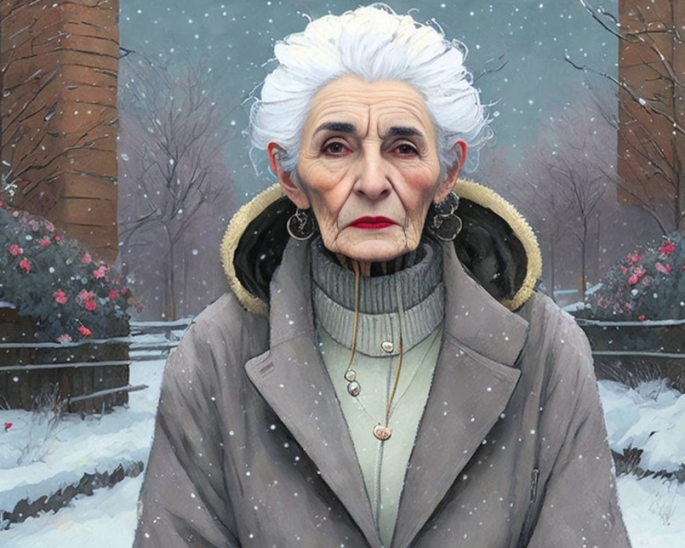 Elderly woman with white hair and large earrings in snowy scene