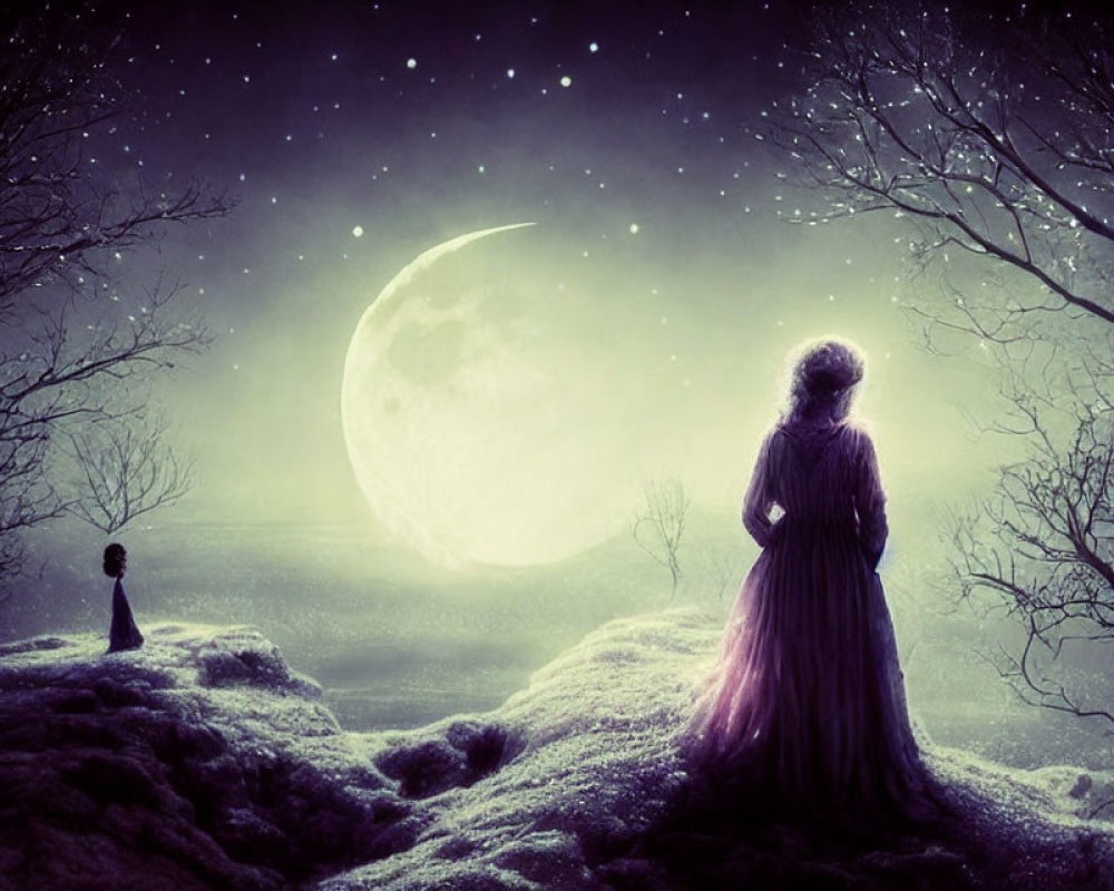 Silhouette of woman in dress in snow-covered hills at night with moon and stars