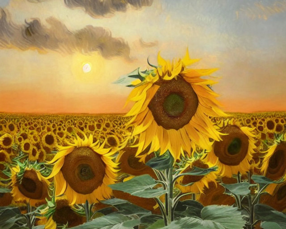 Surreal painting of sunflowers with human eye centers under cloudy sky