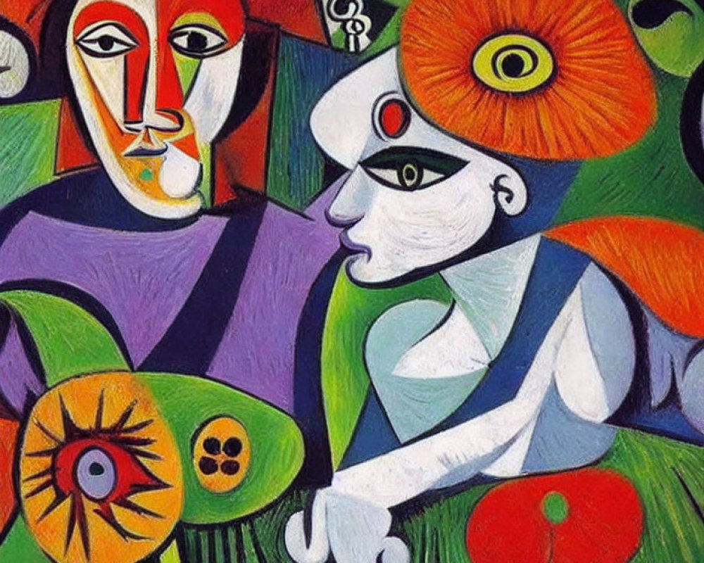 Vibrant abstract painting of two stylized figures with geometric shapes and prominent eyes