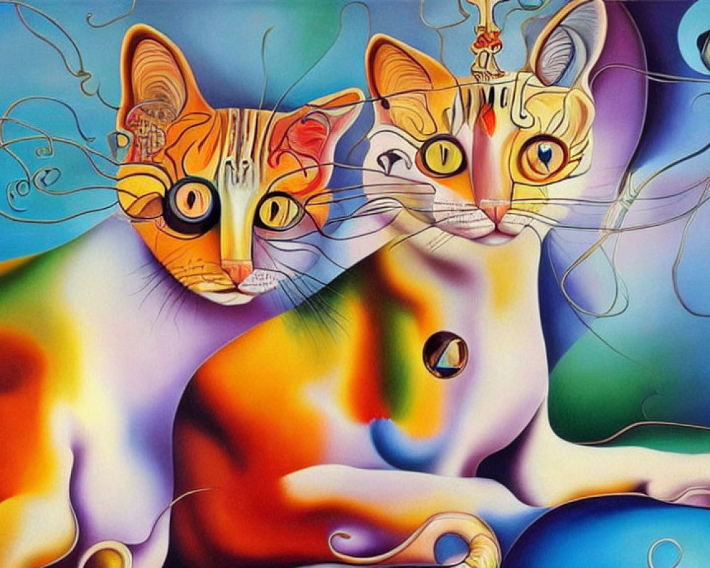Colorful surrealistic painting featuring two stylized cats with abstract patterns.