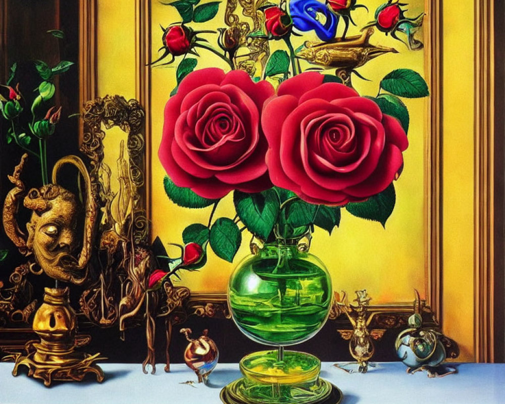 Colorful Surrealist Painting with Oversized Roses, Floating Teacup, and Golden Elephant