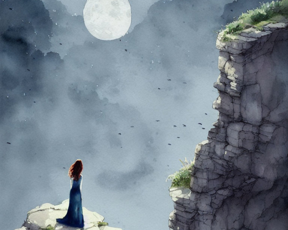 Solitary figure in blue dress on ancient ruins under full moon