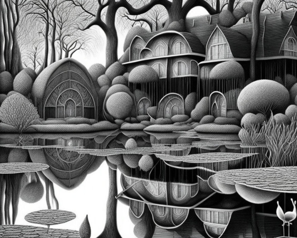 Monochrome whimsical forest houses with water reflections