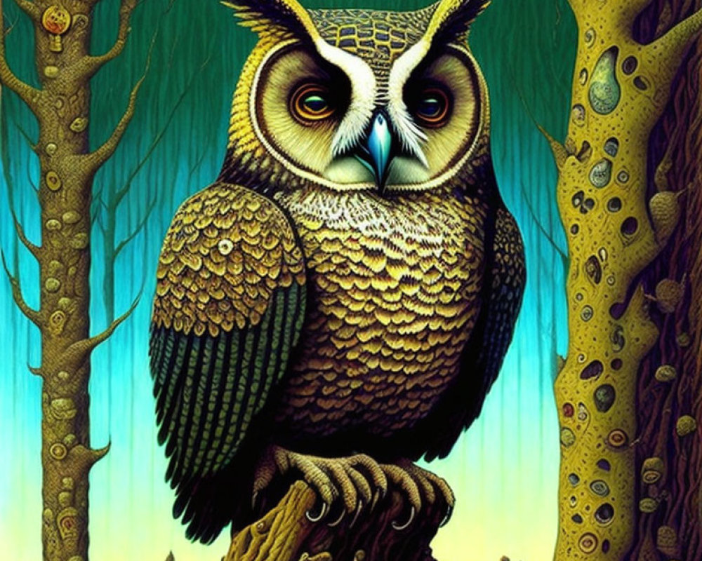 Stylized owl perched on branch in vibrant forest illustration