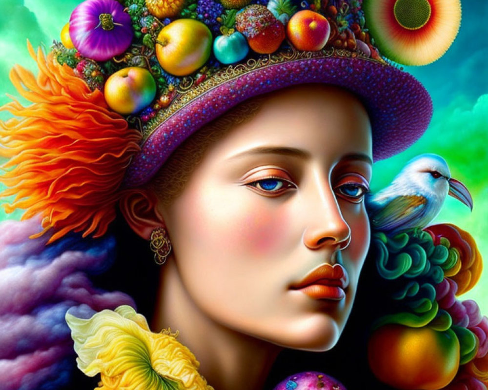 Colorful portrait of a woman with fruit hat and floral details