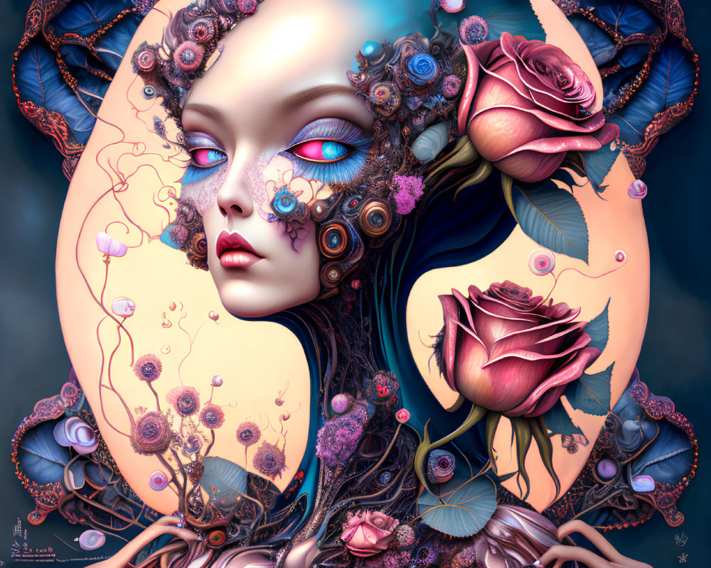 Surreal female portrait with rose motifs and mechanical elements