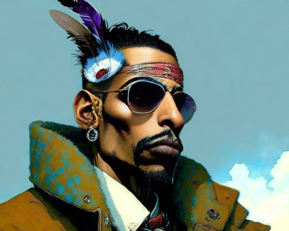 Stylized portrait of person with sunglasses, feather headband, fur-collared jacket