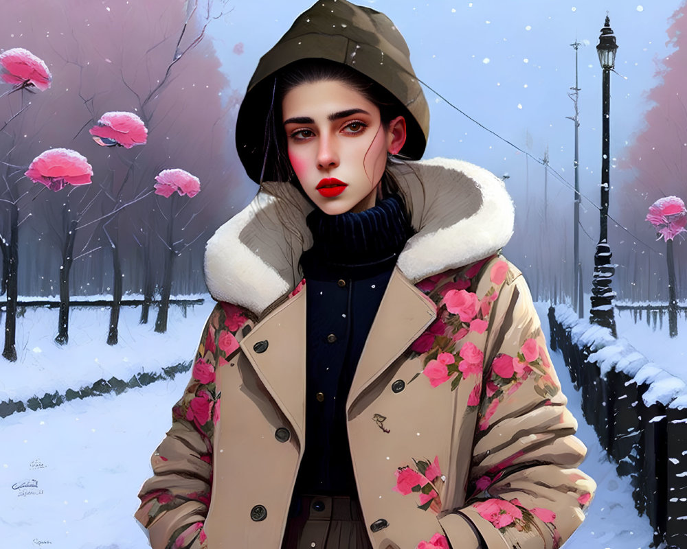 Digital artwork: Woman in floral coat on snowy street