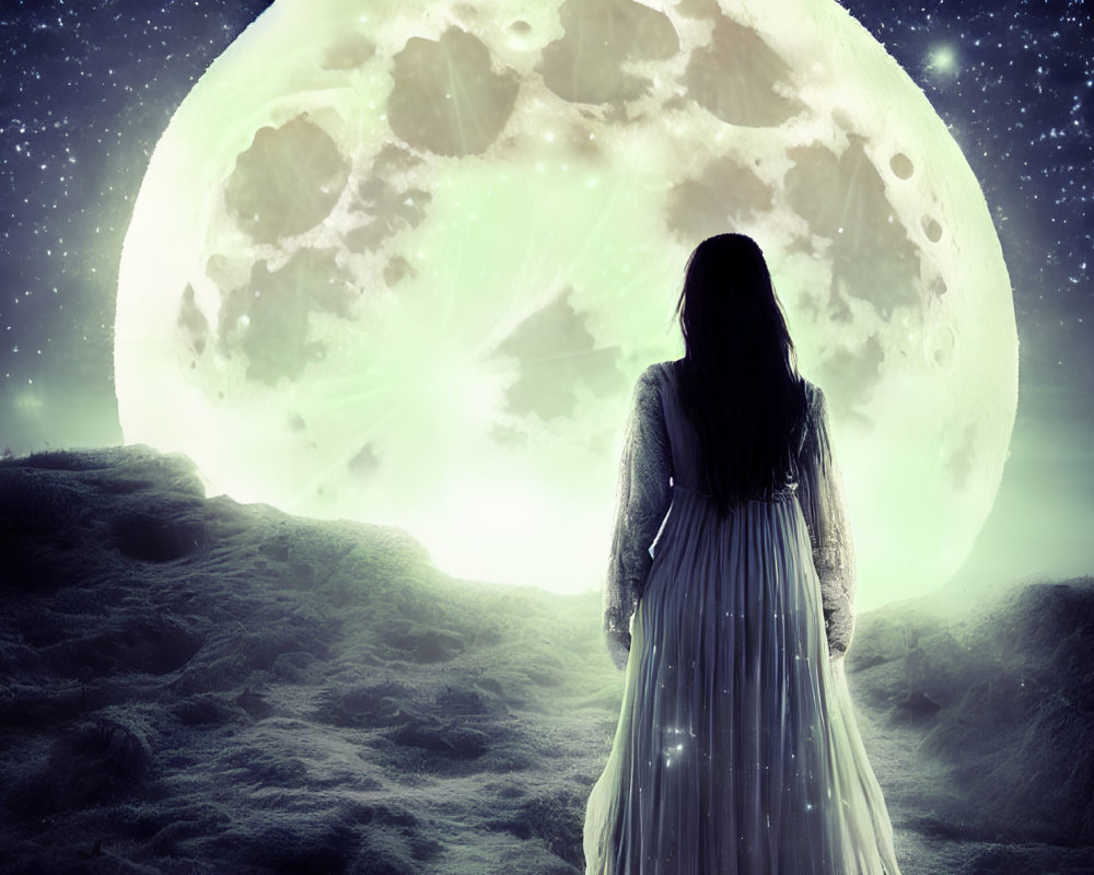 Woman in white dress on moon-like surface under vivid moon.