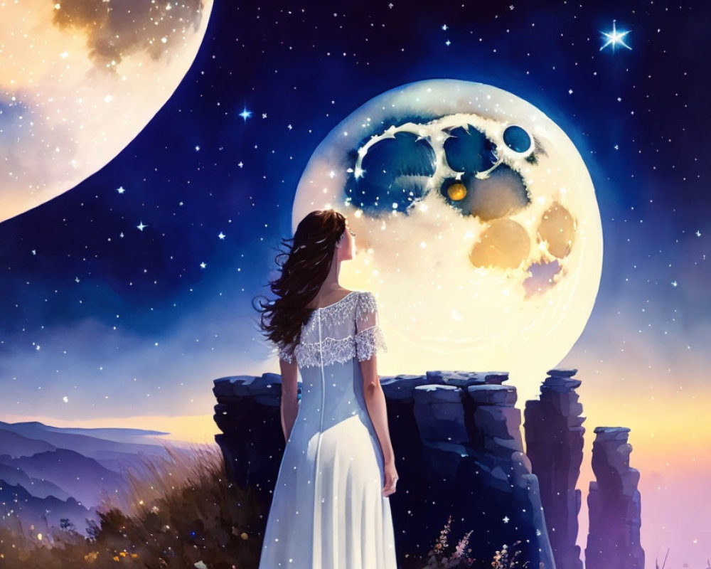 Woman in white dress gazes at large moon on cliff at night