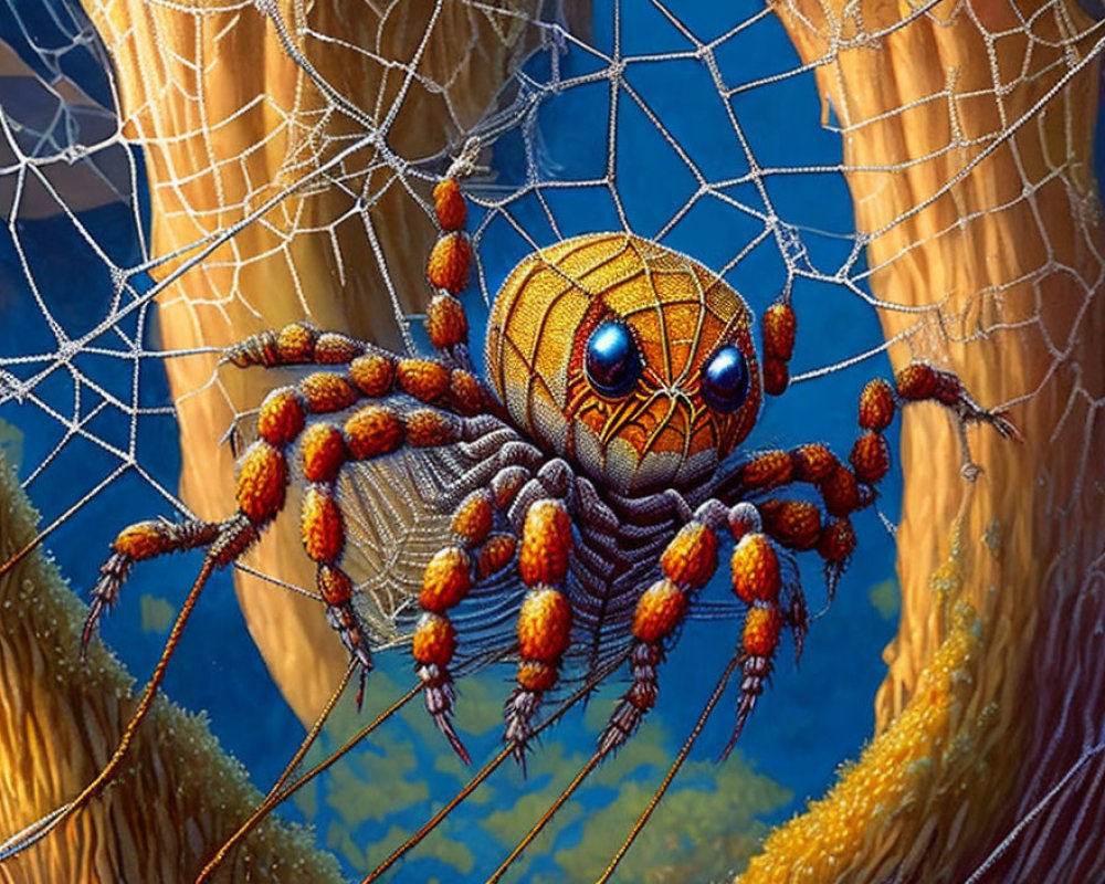 Detailed illustration of spider with expressive eyes on web between trees under blue sky