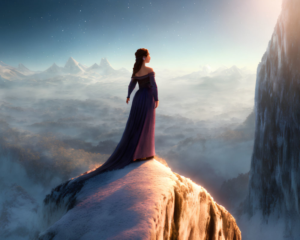 Woman in flowing purple dress on snowy cliff with mountain landscape under starry sky