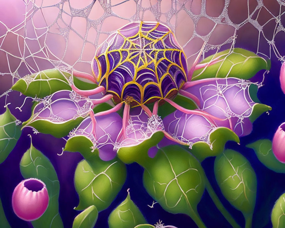 Colorful fantasy illustration of spider web entwined with foliage