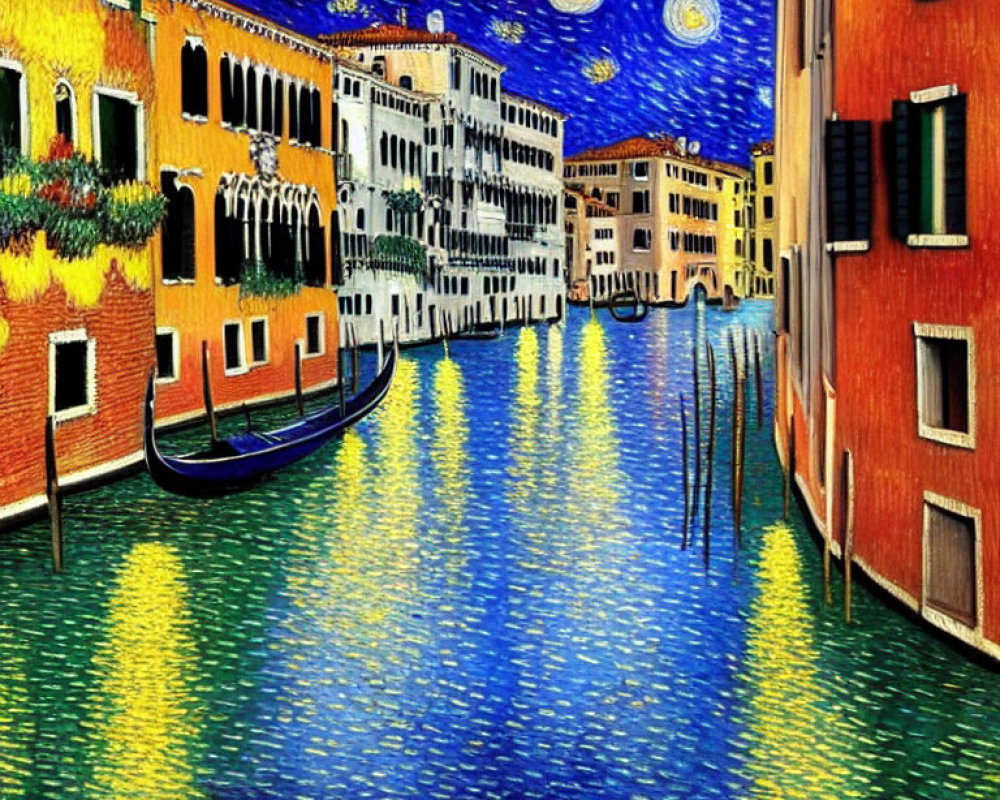 Colorful Venetian Canal Painting with Gondola and Starry Night Sky